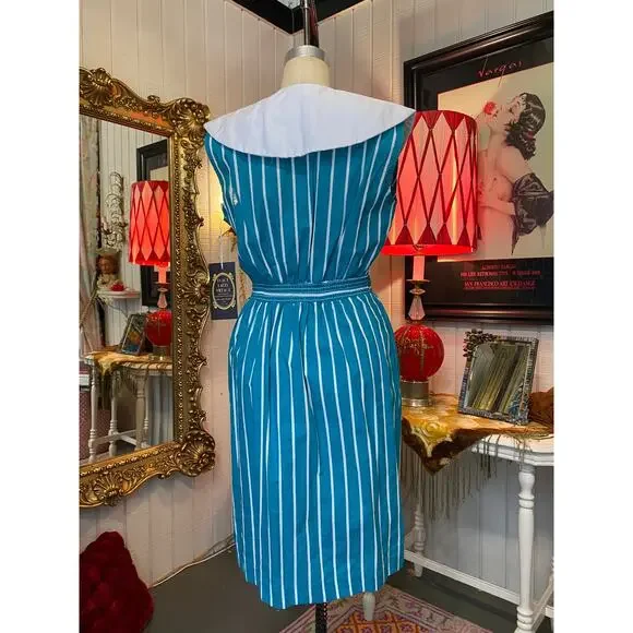 Vintage 1980s teal striped dress sailor collar cotton 80s style large retro 38 - Picture 9 of 9